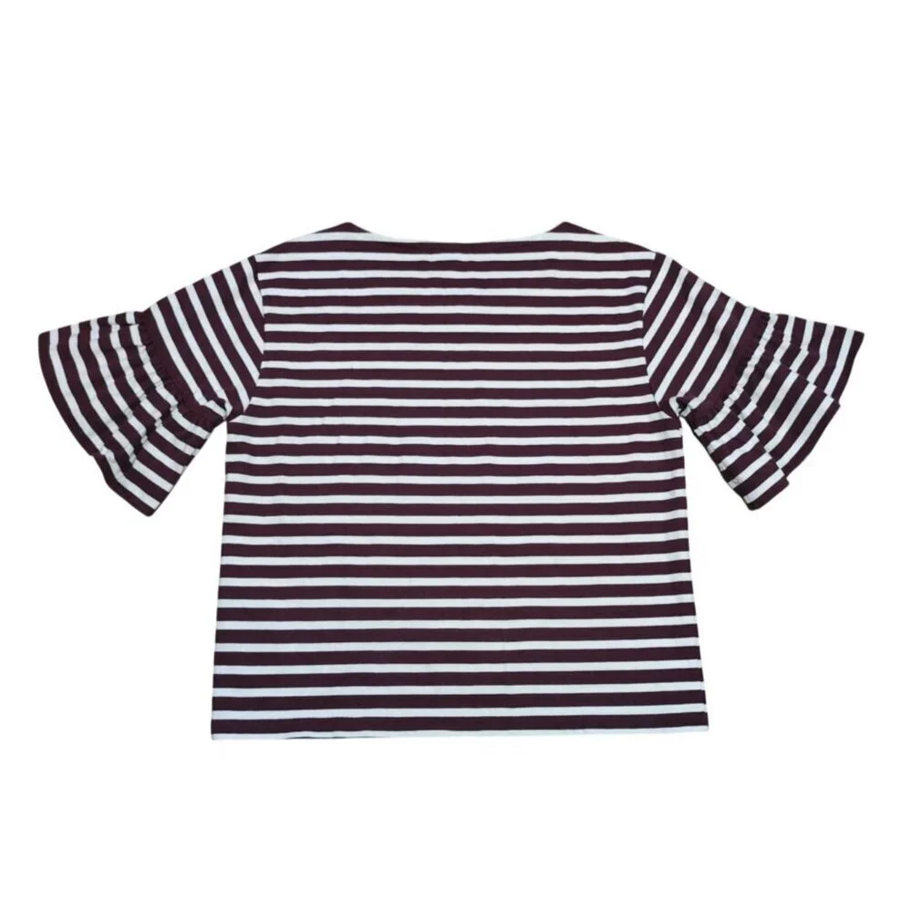 J.Crew Striped Ruffle Sleeve Relaxed Fit Top Women XS Burgundy White Cotton.